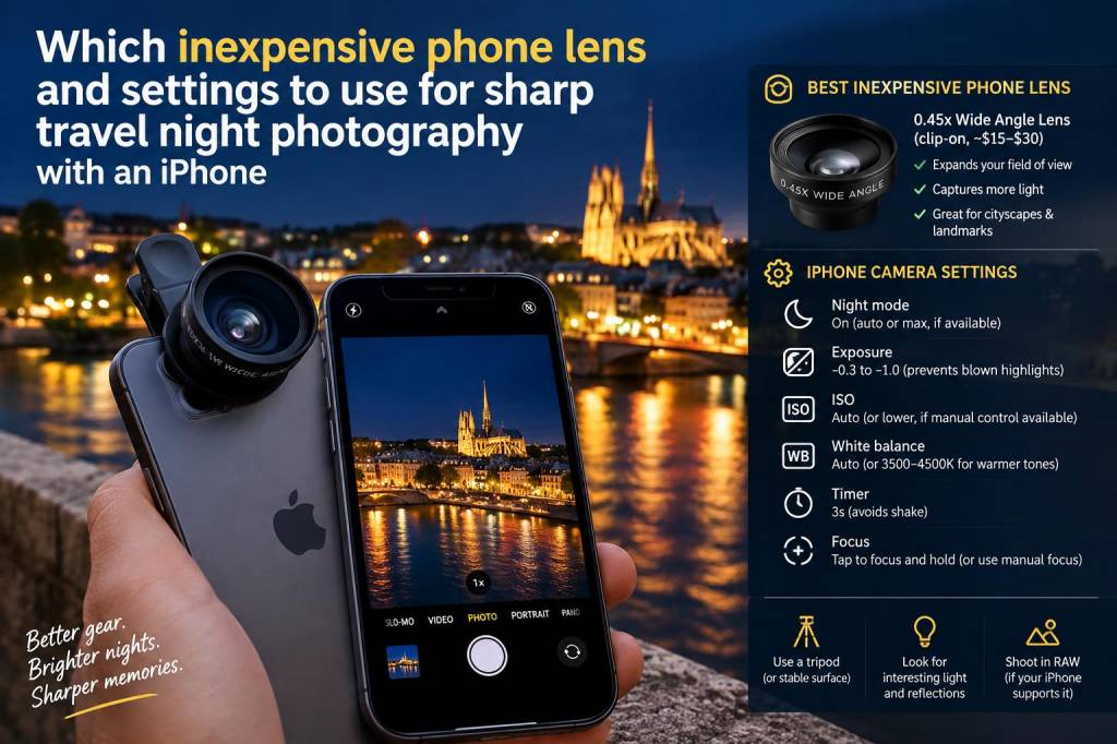 Which inexpensive phone lens and settings to use for sharp travel night photography with an iphone